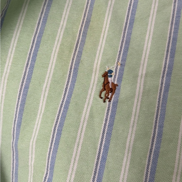 Ralph Lauren green, blue, and white striped short-sleeved shirt. - Picture 3 of 5